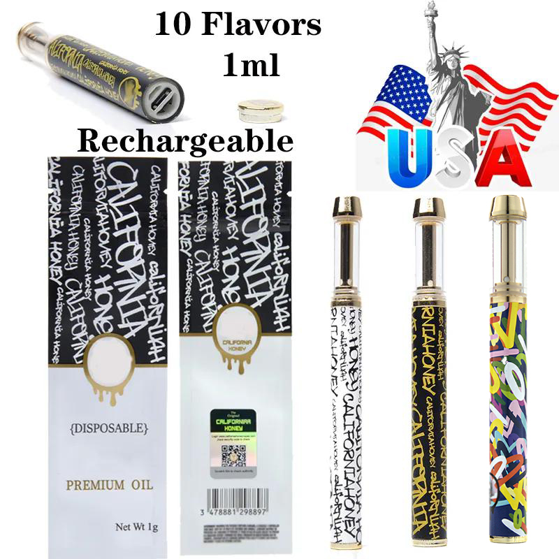

USA Stock E Cigarettes 10 Flavors California Honey Disposable Vape Pen Rechargeable Copper Tips Gold Atomizers 1ml Thick Oil Carts Cartridges Empty Packaging USB