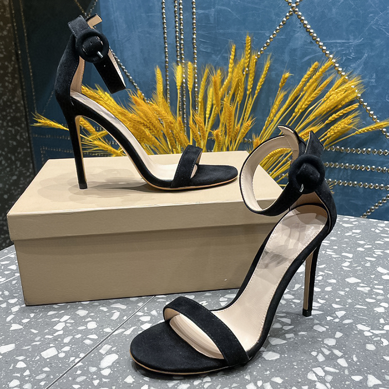 Genuine Leather Black Suede Womens Shoes with High Heel Sandals on the Straight Line Womens 2023 New Thin Heel Versatile Open Toe Commuter High Heel