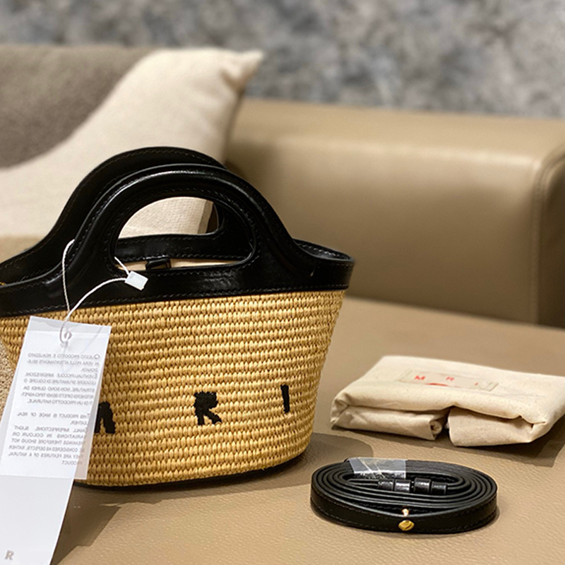 

Fashion Marn Tote Vacation Picnic Bag Mini Women's Handbag Classic Woven Leather Embroidered Logo Design Summer Exclusive Luxury Beach Bag, Pink