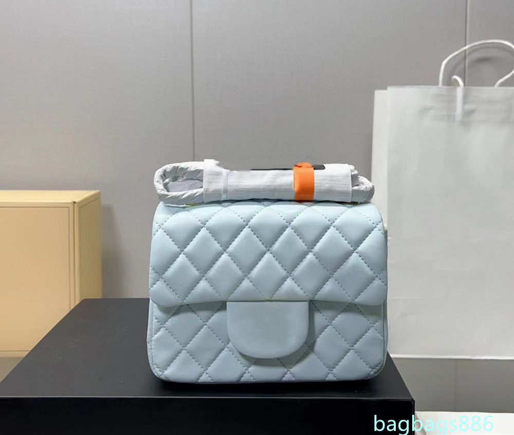 

Classic quilted handbags sheepskin leather female zi chan mini flap calfskin leather silver/gold metal hardware Matelasse chain Crossbody bag wallet 17 /20cm, Sky blue 17 cm gold chain