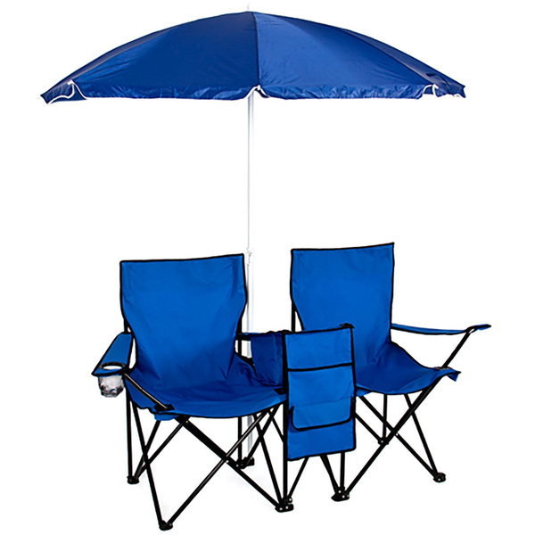 Double Portable Folding Picnic Chair W Umbrella Table Cooler Beach Camping Chair-image-863179050
