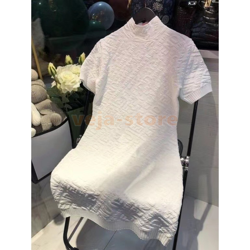 

Luxury Women Casual Dresses Embossed 3D Relief Letter Dress High Qualiy Ladies designer Dress Half high neck knitted short sleeve dress, 01