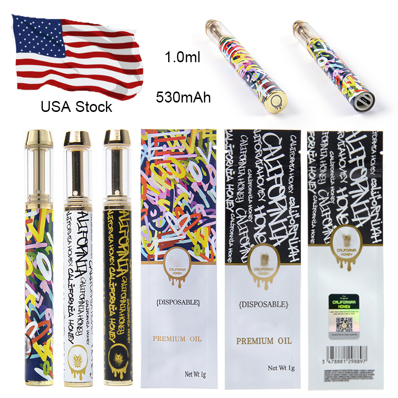 

USA Stock California Honey Disposable Vape Pens Rechargeable Empty 1ml Atomizers Carts Wax Vaporizer 530mAh Thick Oil Cartridges Packaging Bags Preheat E Cigs