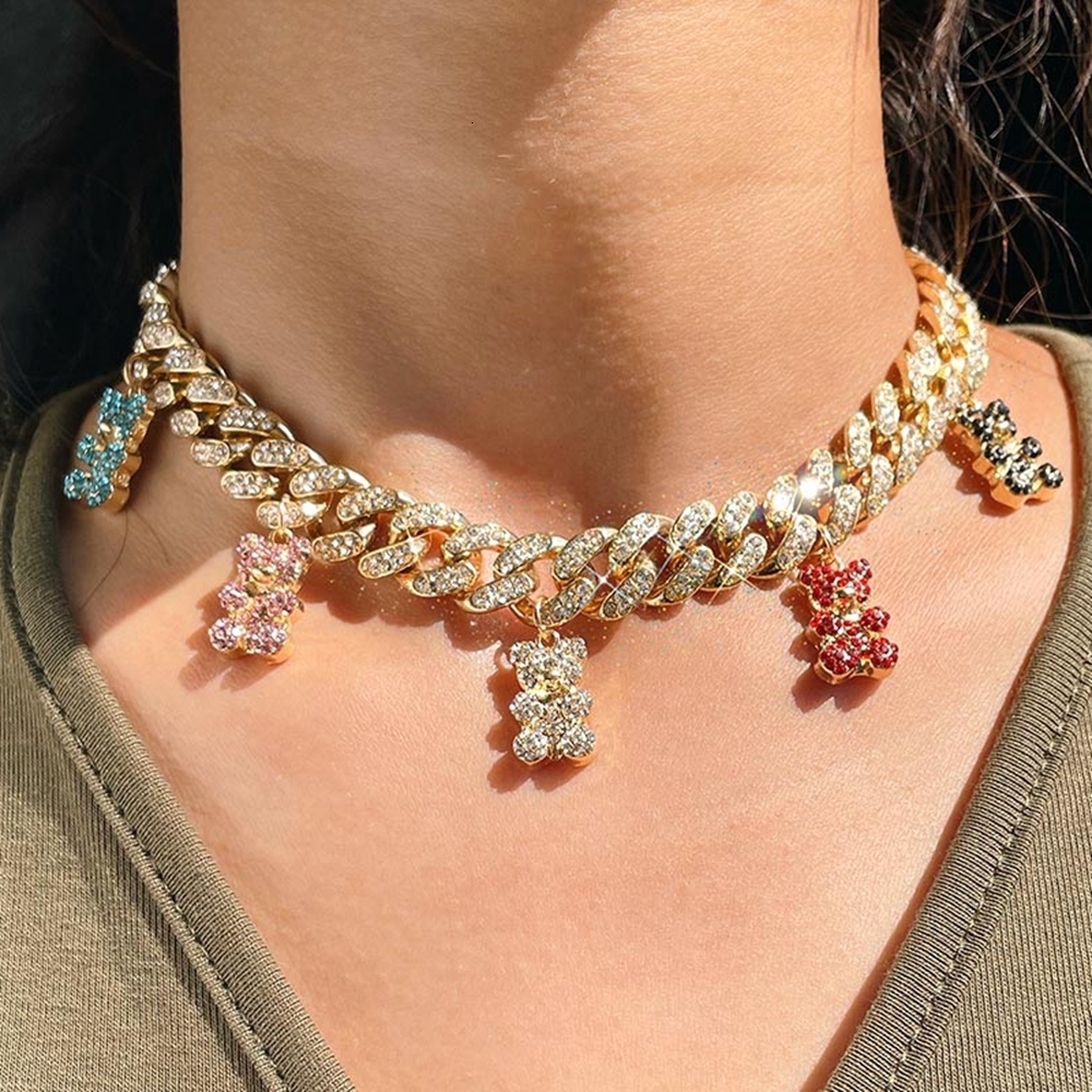 Pendant Necklaces Hip Hop Personality Gold Color Cuban Link Chain Necklace for Women Girl Iced Out Crystal Acrylic Bear Pendant Necklace Jewelry 230