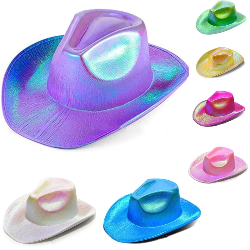

Space Cowboy Hat Neon Sparkly Glitter Shiny Caps Holographic Rave Fluorescent Cowgirl Hats Halloween Costume Party Accessories 7 Colors