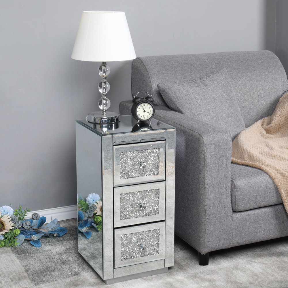 

Mirrored Glass 3-Drawers Nightstand Bedside Table Storage Bedroom