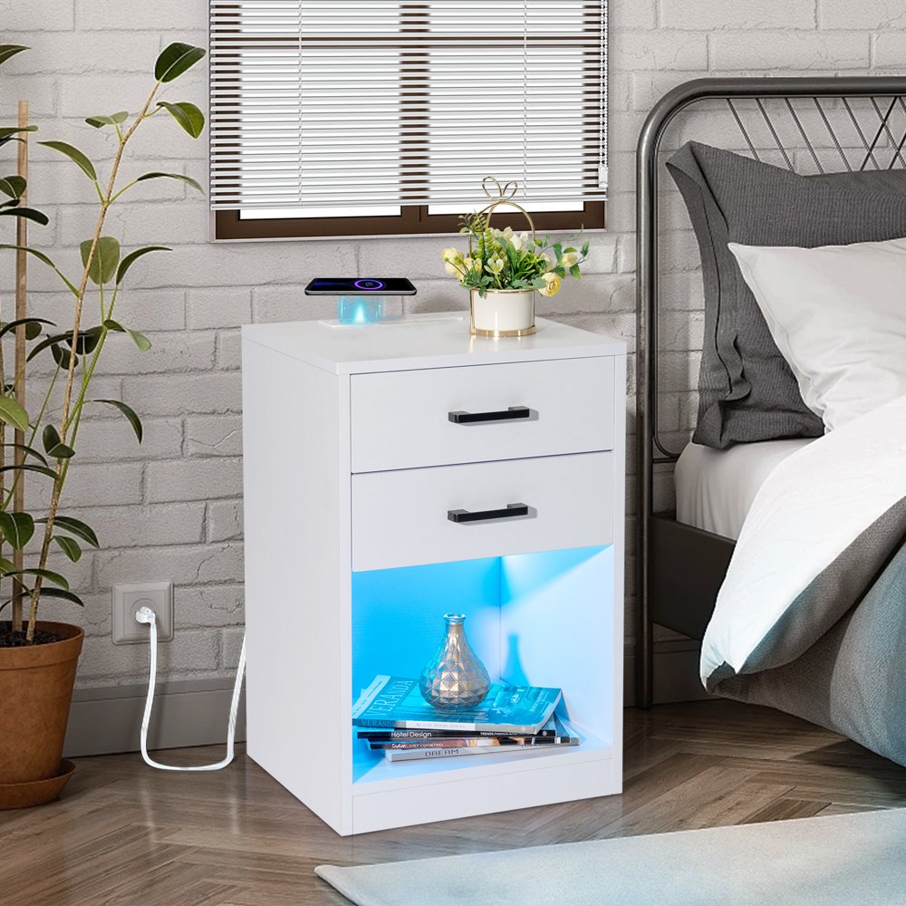 

LED Nightstand with Wireless Charging Station 2 Drawer, Modern Bedroom End Side Table,White