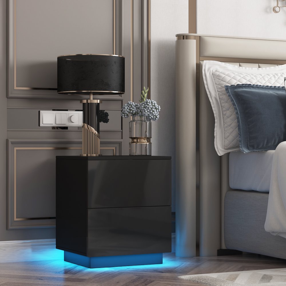 

Pieces LED Nightstand, 2 Drawers Bedside End Table with Remote RGB LED Light, High Gloss Wooden for Modern Bedroom Living Room