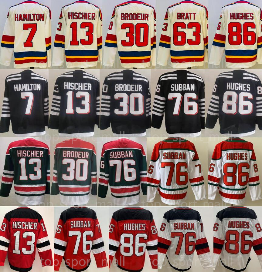 

Men Hockey 13 Nico Hischier Jerseys Ice 7 Dougie Hamilton 30 Martin Brodeur 76 PK Subban 86 Jack Hughes 63 Jesper Bratt Taylor Hall Reverse Retro Green Red Black White, New retro