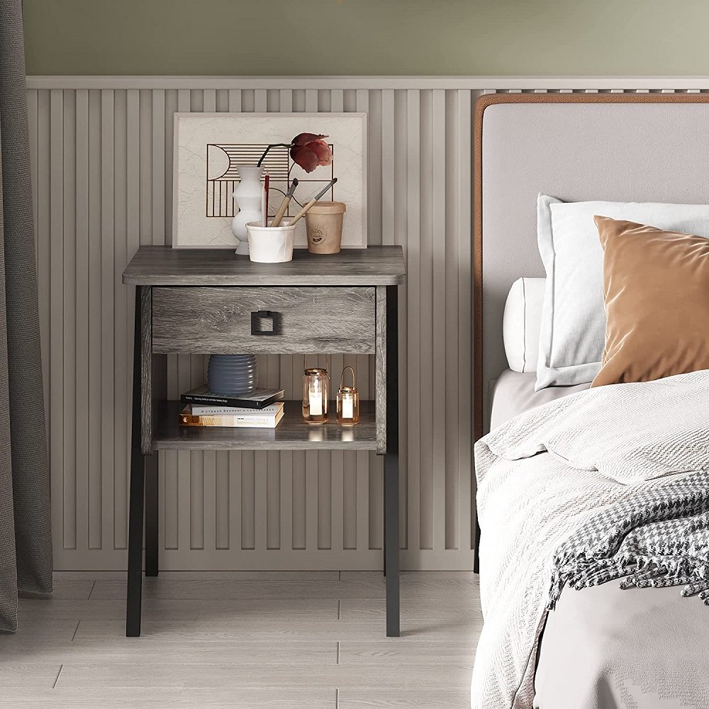 

Industrial Nightstand with Drawer for Bedroom Grey
