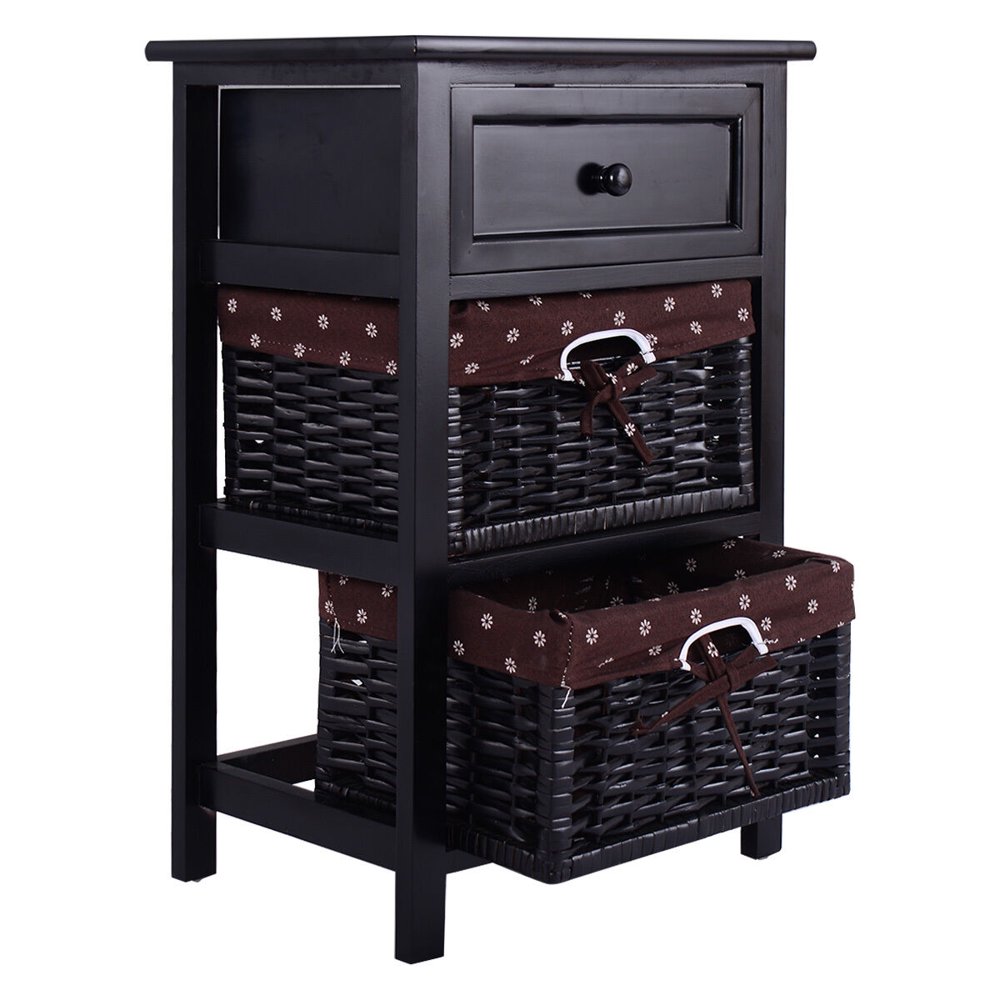 

Black Night Stand 3 Tiers 1 Drawer Bedside End Table Organizer Wood W 2 Baskets