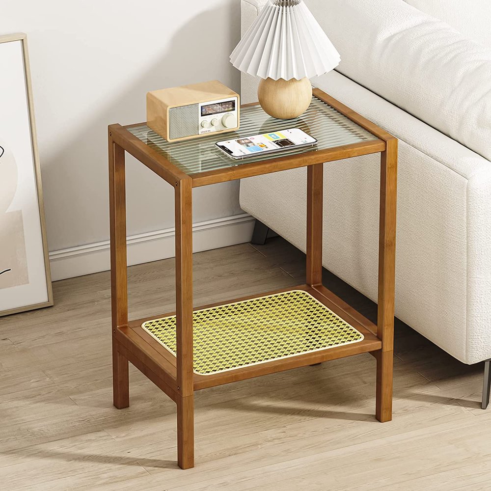 

Rattan Side Table Boho Night Stand Glass Bedside Table Small End Tables Bamboo Side Tables Bedroom Coffee Table with Storage for Living Room