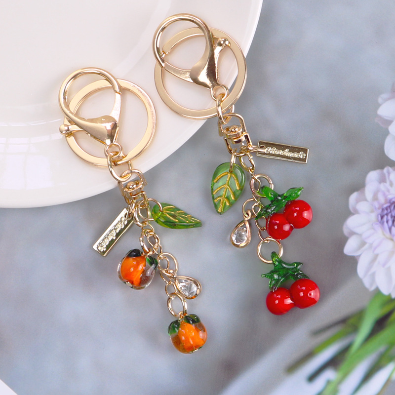 Cute Little Persimmon Car Bag Keychain Pendant Creative Simulation Fruit Food Leaf Keychains Jewelry Accessories In Bulk