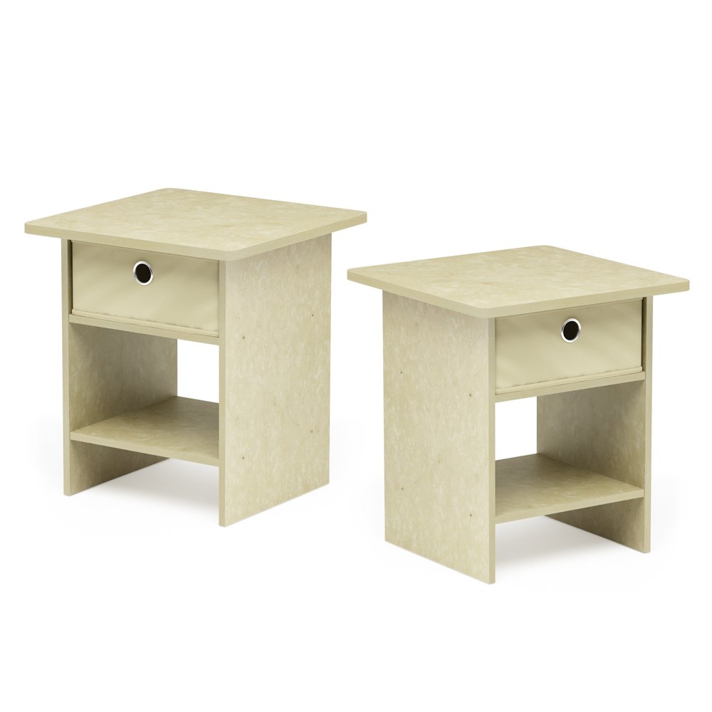 

Dario End Table Night Stand Storage Shelf with Bin Drawer, Cream Faux Marble Ivory, Set of 2