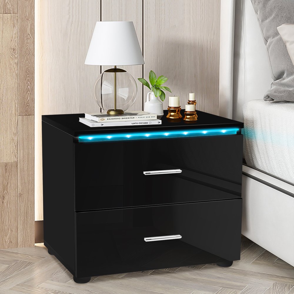 

LED High Gloss Nightstand with 2 Drawers, Bedside Table with LED Lights End Table Side Table for Bedroom Living Room, Black