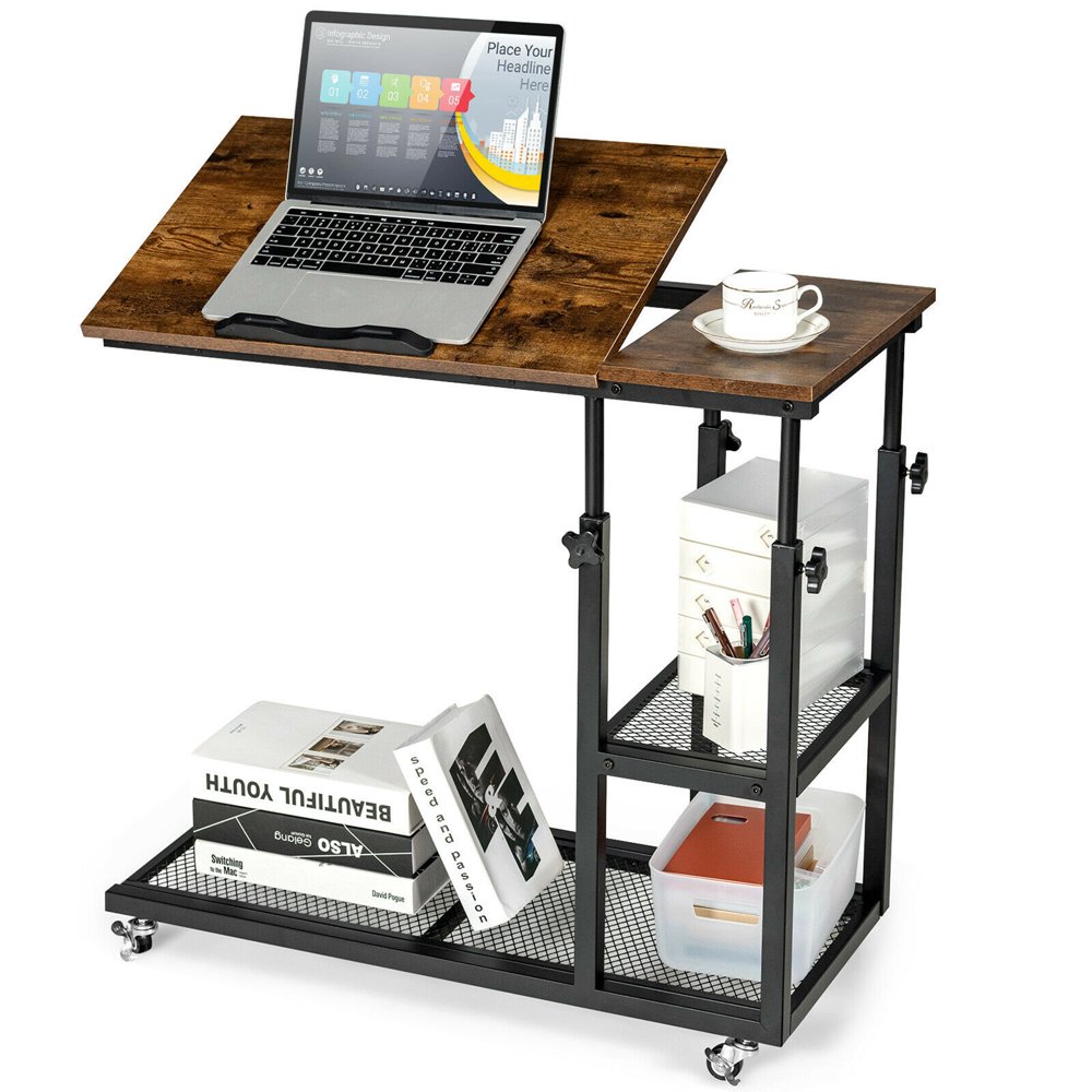 

C Shaped Side Table w Wheels Height and Tabletop Adjustable Storage Shelf