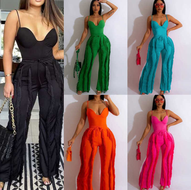 

Womens Designer Tracksuit Pants Sexy Tow Piece Set 2023 New Ladies Solid Color Sling Sleeveless Top Tassel Trousers Suit 5 colors, Deep pink