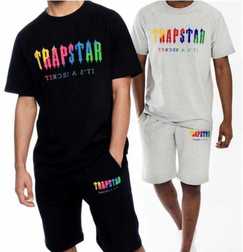 

Designer Fashion Clothing Tees Tshirt Trapstar Rainbow Towel Embroidery Popular Loose Fitting Sports Short Sleeve Shorts Set for Men Women Youth For sale, Black trousers