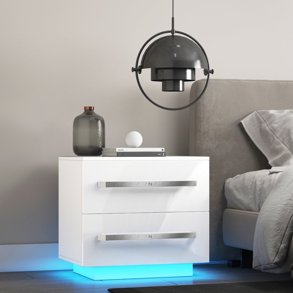 

High Gloss LED Nightstand 2 Drawers Bedside Table with LED Light Home Bedroom Decor White