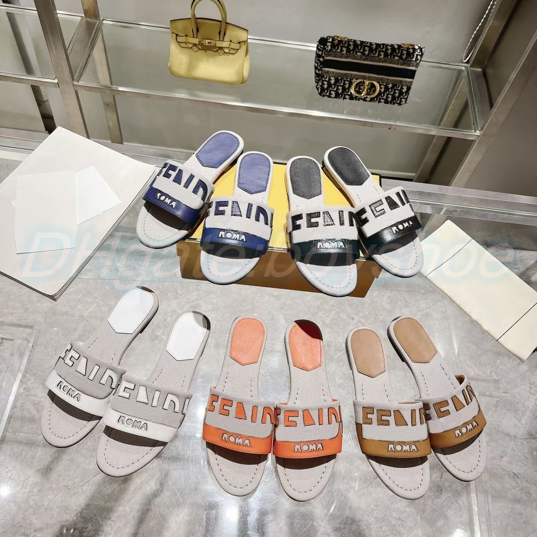 

designer shoe woman sandal Canvas and black luxury brown leather slides Signature slippers Laser-cut man slide comfort flat slipper free shipping, #5