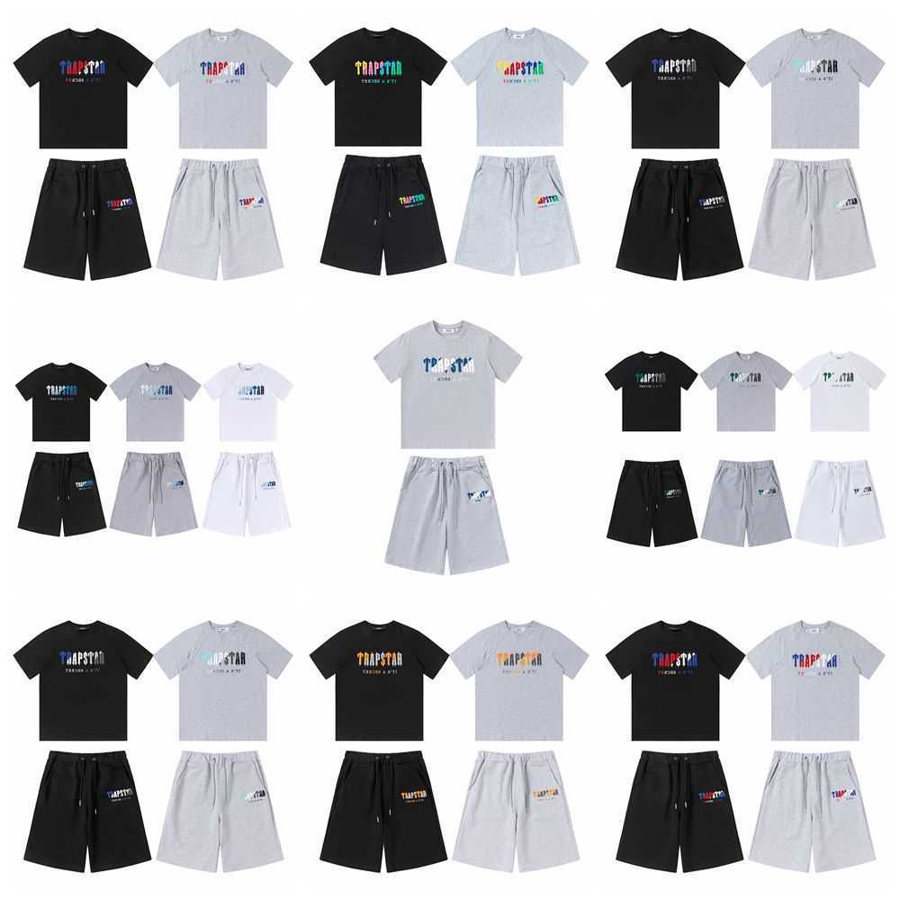 

Designer Fashion Clothing Tees Tshirt Trapstar Rainbow Gradient Towel Embroidered Short Sleeve Shorts Loose Fit Sports Casual Set Cotton Men's Women's Summer, 609 # black suit