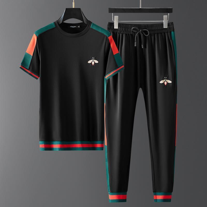 

Men s Tracksuits men s suit summer fashion handsome embroidered ice silk short sleeve casual set 230504, Black