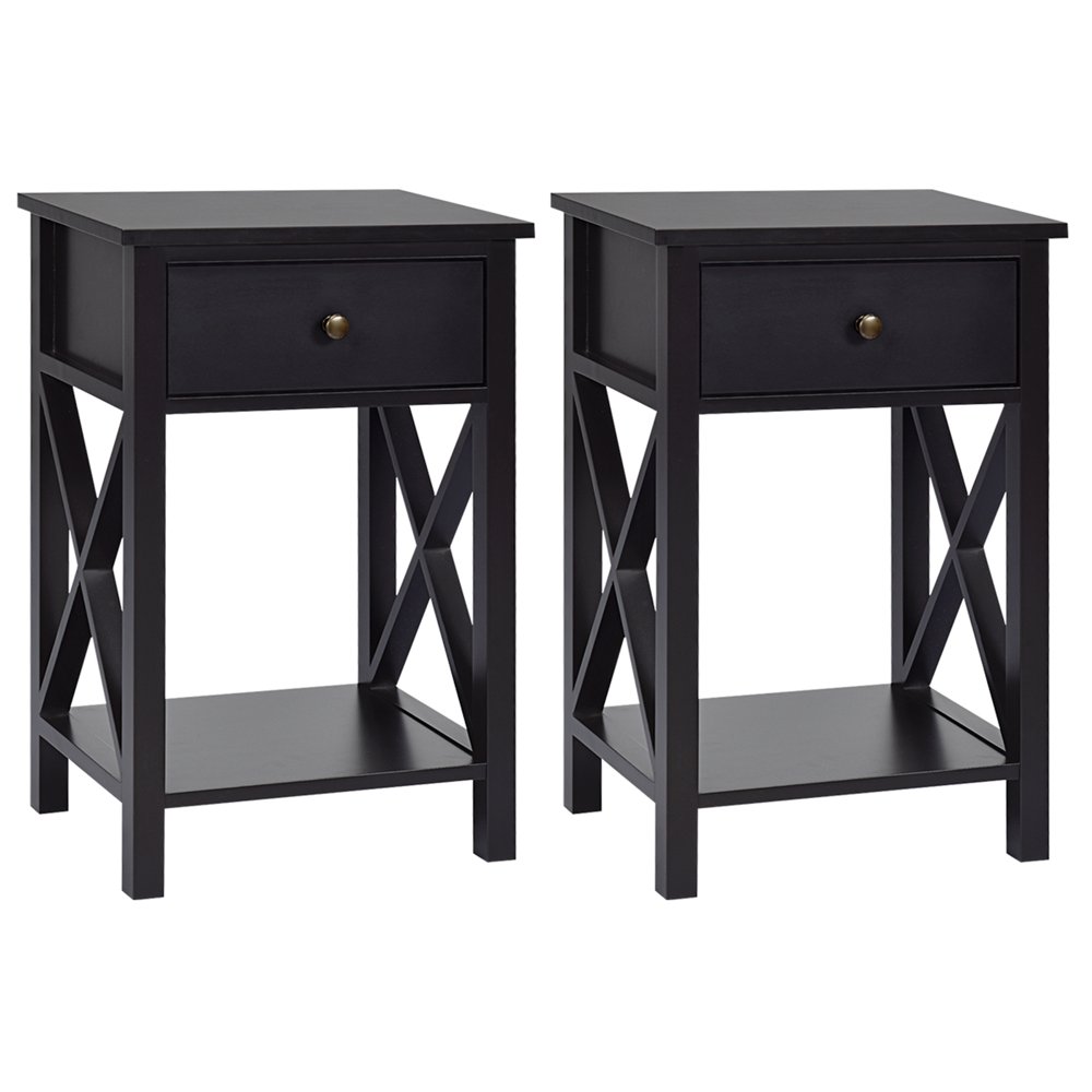 

Set of 2 Nightstand Sofa Side End Table X-Design w Shelf Drawer Brown