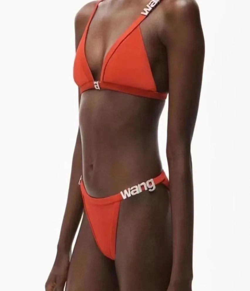 

Orange Ladies Letter Wang Bikini Set Fashion Women Swimsuit Sexy Simple Strap Biquini Set Casual Thin Slim Beachwear with Waist