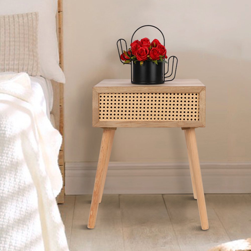 

Rattan Nightstand with Drawer Wooden End Side Accent Table Beige