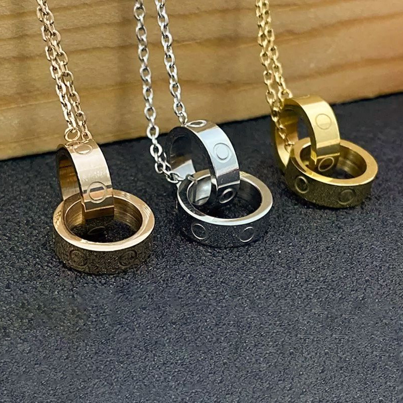 

Luxury Ring Pendant Screw Necklaces Women Round Stainless Steel Couple Double Circle Gold Necklace Jewelry for Neck Gifts for Woman