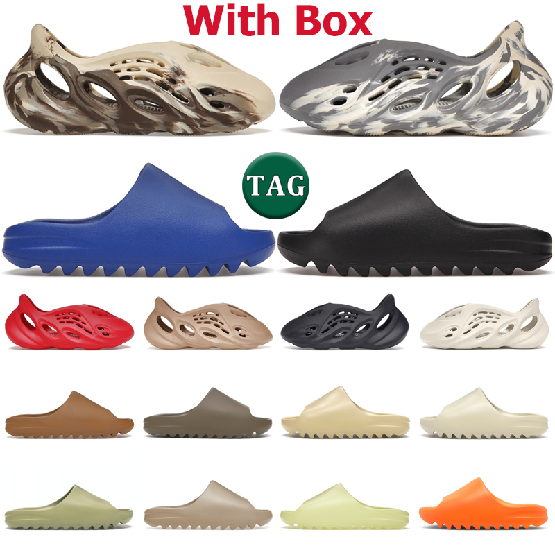 

with box foam slides runners men women sandals sliders Onyx Bone Desert Sand Pure Azure Ararat Sulfur Ochre Cream Moon Gray Clay mens outdoor summer slippers, 27