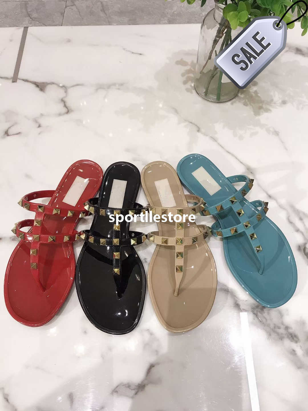 

Flip-flops Bow Women's Black Quality Sandals Summer Beach Riveted Slippers Fashion Casual Flat Bottom Nail Shoes Valentinoe''Valentinoity P78W MKNJ