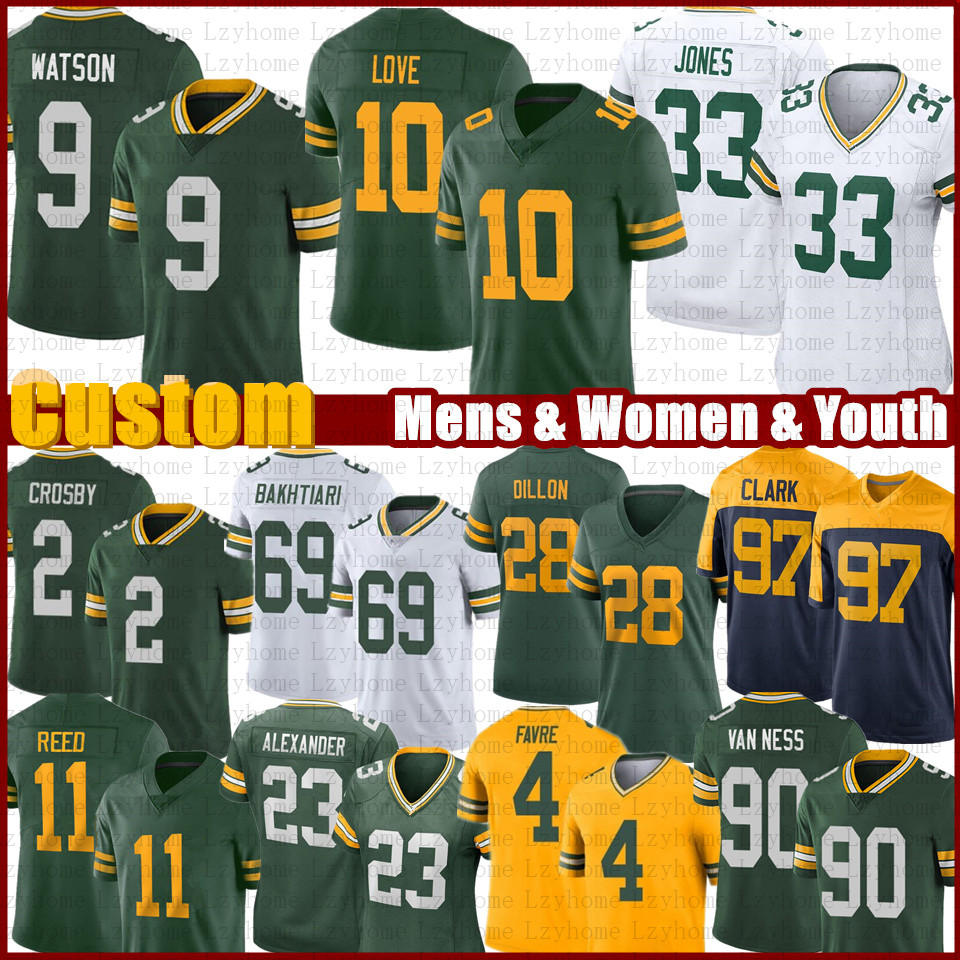 

Aaron Jones 10 Love Custom Football Jersey Watson AJ Dillon Jaire Alexander David Bakhtiari Romeo Doubs Green Bayes Packer Mason Crosby Charles Woodson Jayden Reed, Women