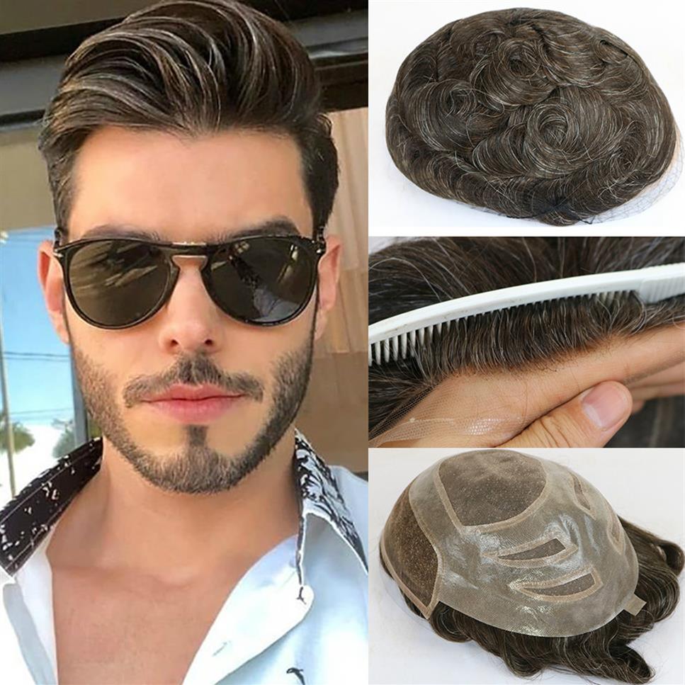 

2020 Natural Human Hair Mens Toupee French Lace Front Hair Replacement System Fine Mono Hairpieces Wigs for Men289y, Natural color