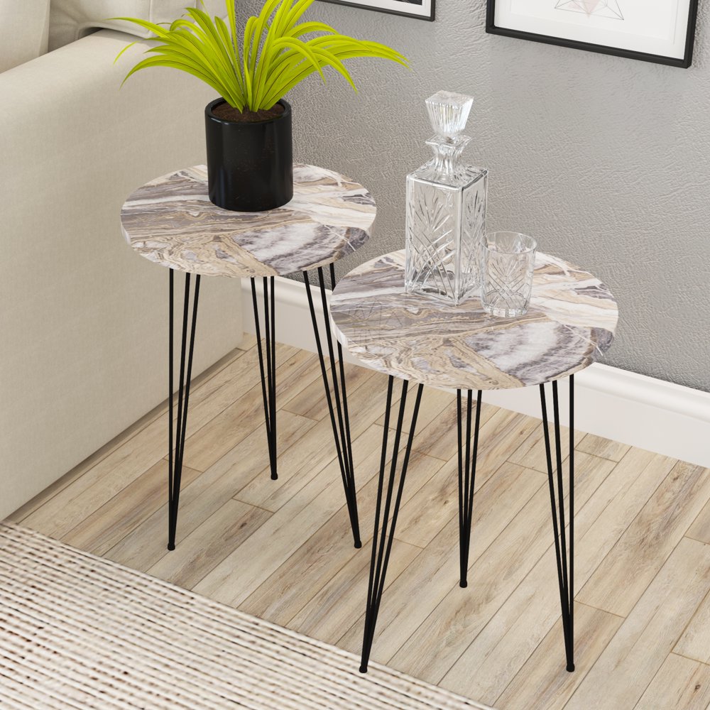 

OF 2 END TABLE - PAK HOME Round Wood Sofa Side Tables for Small Spaces, Accent Nightstand Bedside Table with Metal Legs - GREY