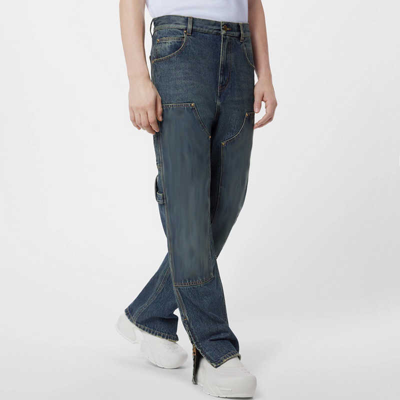 

2023 M0N0GRAM Pocket Pants Jeans Patchwork Man Woman Fashion Highstreet HIP HOP FZKZ554, Blue