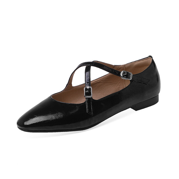 

Sheepskin Dress Shoes Round Toes Low Heeled Silver Retro Cross Strap Ballet Flats