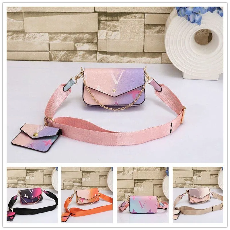 

2pcs set Designer Chain Bags Women Mini Shoulder Bag sunrise Pastel gradient color Crossbody Handbag Tote card Coin Purse Wallet, Pink