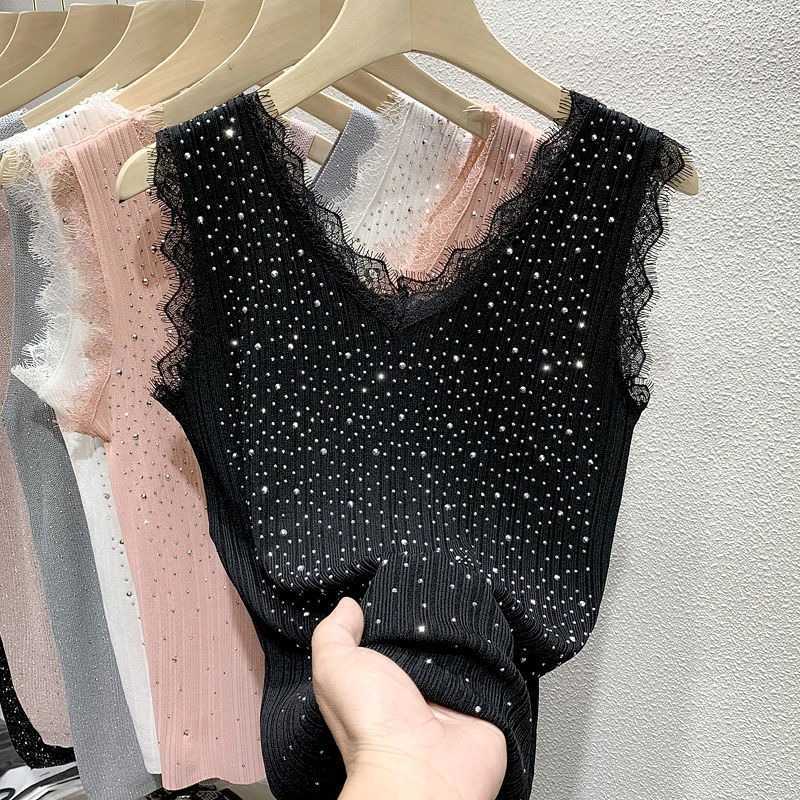 

Women's Tanks Camis Hot Drill Ice Silk Lady Vest Women's Summer Thin Knit Sleeveless Vest Top Lace Top Y2k Tops Women Clothing P230505, Pink
