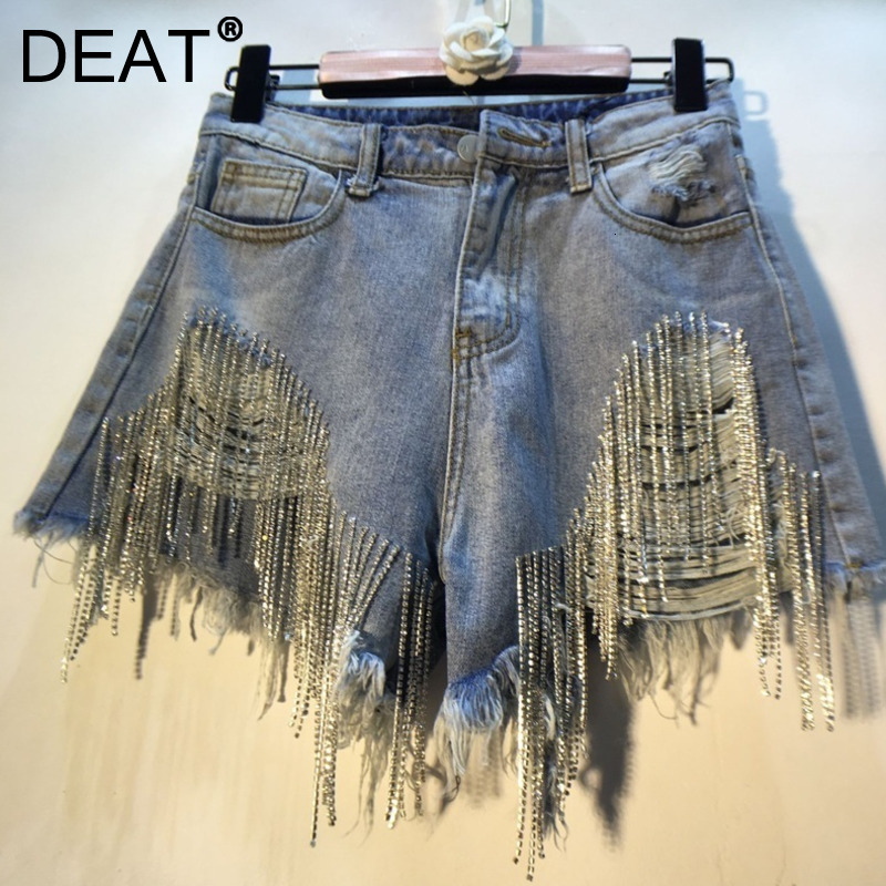 

s Shorts DEAT 2023 Spring Wear Heavy Tassels Nail Diamond Beads High All match Thin Waist Denim Temperament AE32305 230505, Sky blue