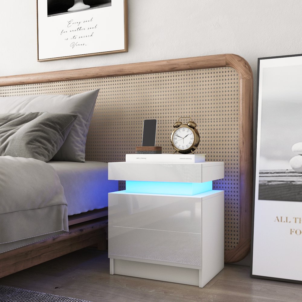 

High Gloss Nightstand, 2 Drawers Bedside Tables RGB LED Bedroom White Cabinet 17 71x13 78x20 47 Inch