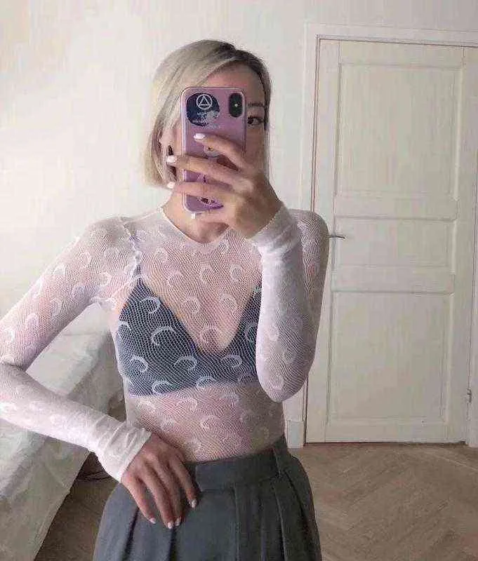 

Moon Printed Transparent Mesh Sexy T-Shirt Women O-Neck Long Sleeve Slim Basic Casual Female Tops Spring, White