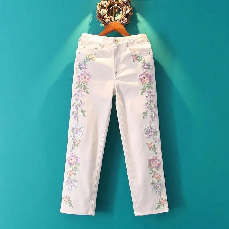 

Dresses Retro Chinese Style Women' Embroidered Flower Jeans Spring Summer AnkleLength Pants White Straight Pants Casual Denim Pants Y9, Black