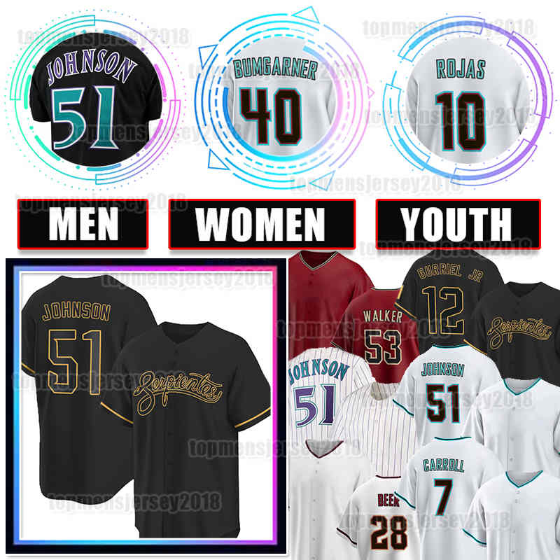 

51 Randy Johnson Baseball Jersey 40 Madison Bumgarner 10 Josh Rojas Corbin Carroll Diamondbacks Kyle Lewis Ketel Marte Zac Gallen Carson Kelly 12 Lourdes Gurriel Jr., Men retro jersey(x w s)
