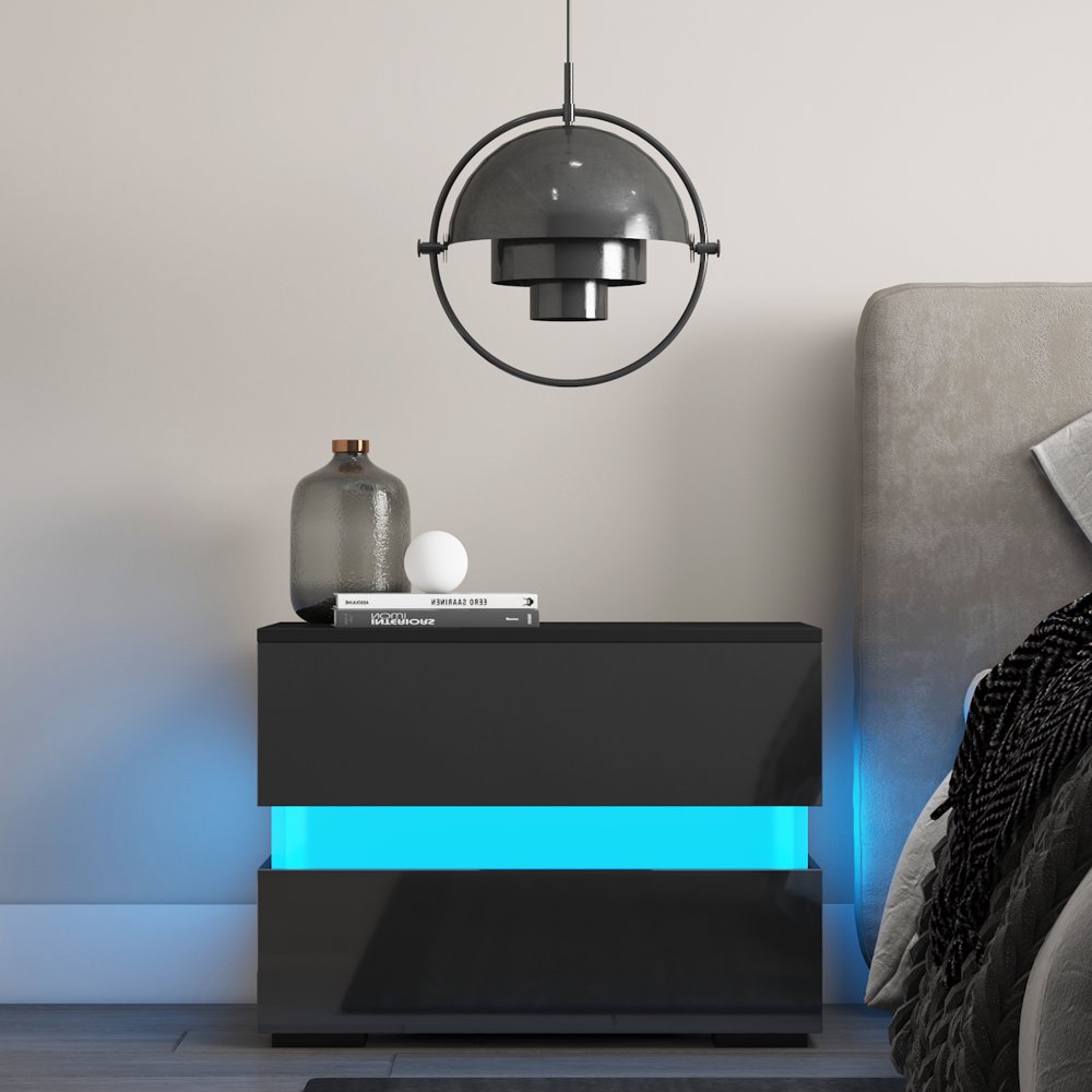 

Modern High Gloss LED Nightstand Bedside Table with 2 Drawers, 20 LED Light Mode System W Remote Black