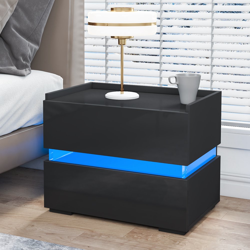 

High Gloss LED Nightstand 2 Drawers Bedside Table Cabinet with 98in Hight Anti-drop Edge Design Black