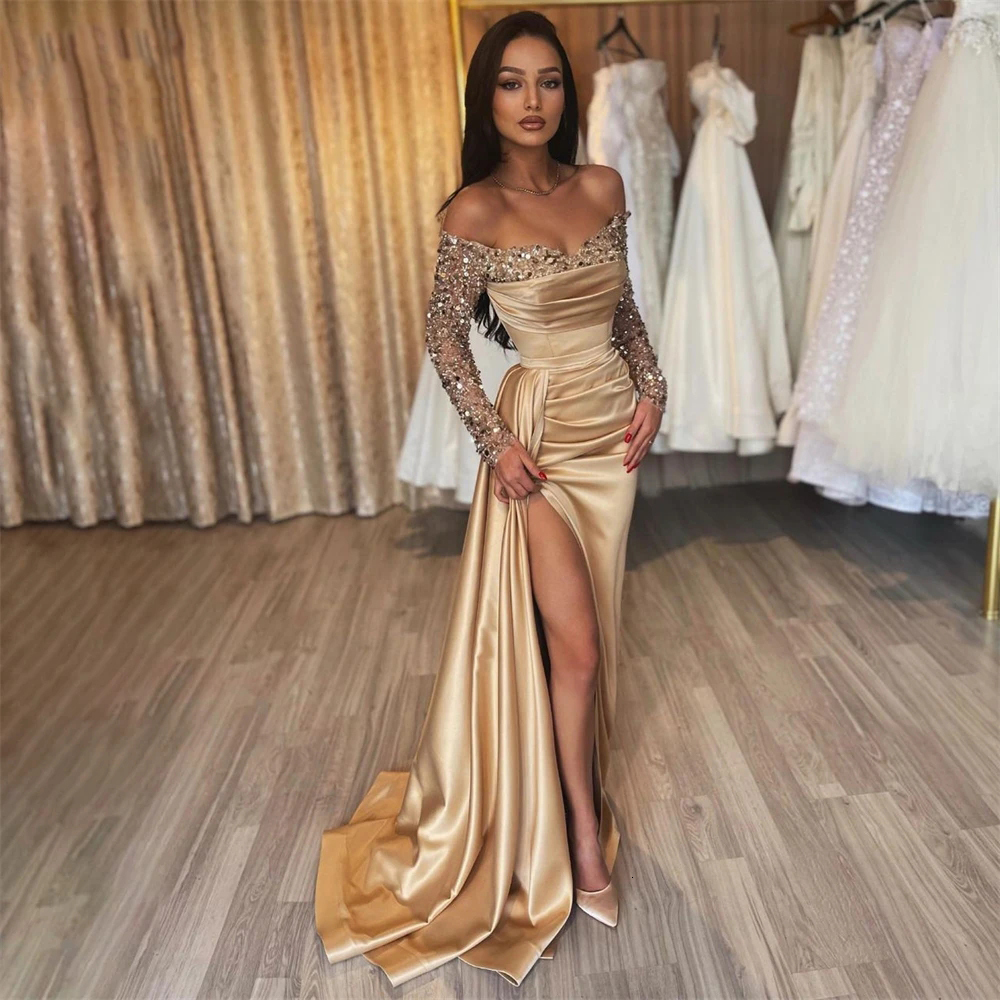 Party Dresses Glitter Champagne Mermaid Evening Sparkly Off Shoulder Pleated Prom Gowns Sexy High Side Slit Bride 2023 Robe De 230505