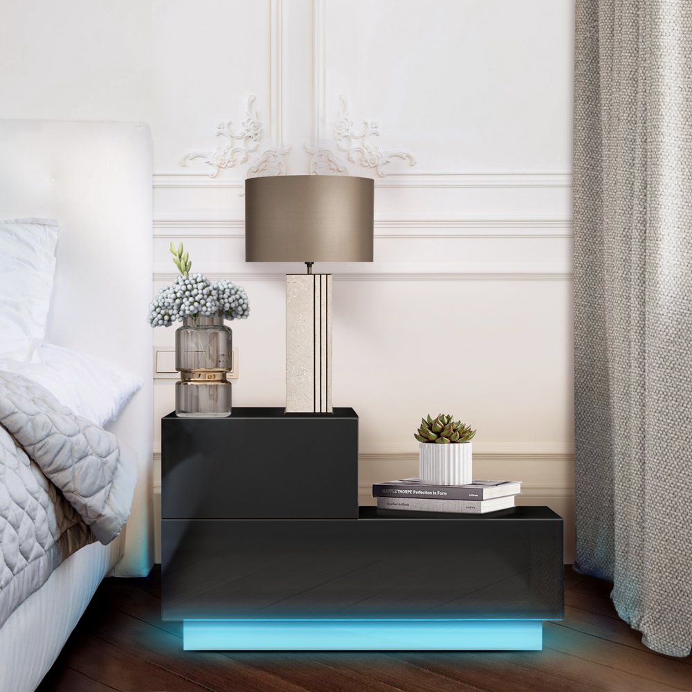 

Modern Nightstand High Gloss L-Shaped 2 Drawers Night Stand RGB LED Backlight Bedroom Bedside Table Black Height 16 1in