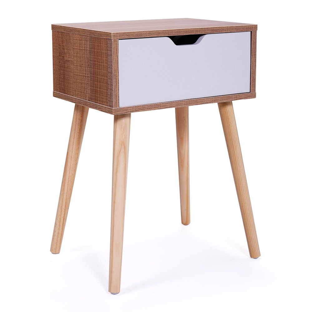 

Mid-Century Wooden Nightstand Sofa Side Table End Table with White Storage Drawer for Bedroom Living Room Furniture