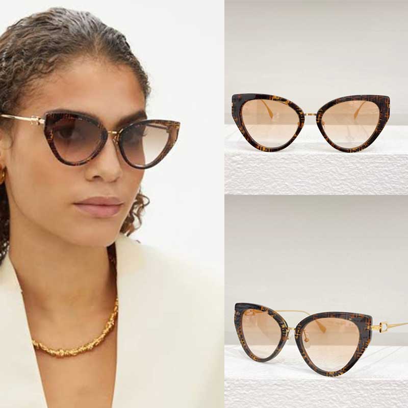 

Fashion Womens Baguette Sunglasses FE40014 Havana Acetate Fiber Cat Eye Sunglasses lady Casual Style Gold Metal Mirror Legs